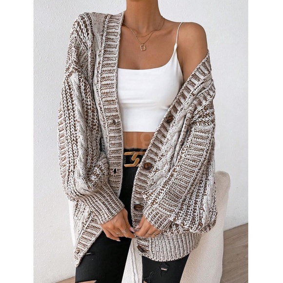 Oversized Mocha Brown Cable Knit Cardigan Long Sleeves Hip Length Buttoned - Picture 3 of 12